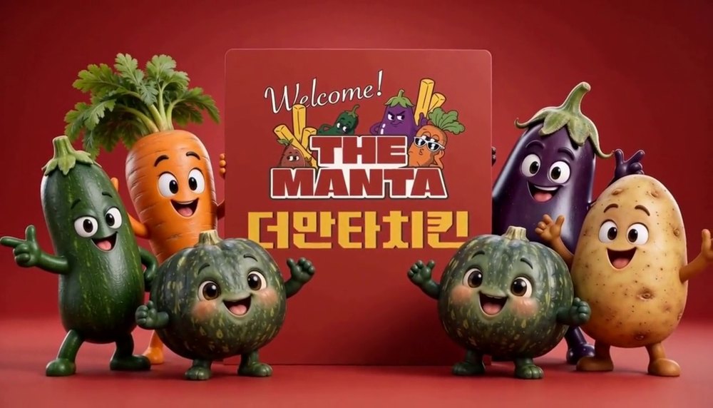 더만타치킨 캐릭터들이 로고 간판을 밀고 나온 장면
